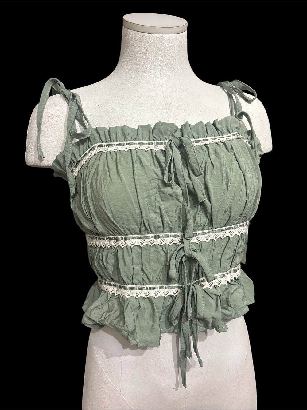 Smocked Sage Green Tie-Front Women's Crop Top - NWT - size medium